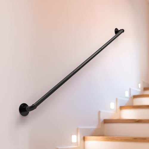 mapleway Pipe Stair Handrail, 4ft Railing for Indoor Steps Metal Staircase Hand Rail Industrial Iron Handle for Wall Mount Support, Black
