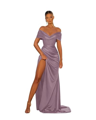 Women's Off Shoulder Corset Prom Dresses Long with Slit Ruched Satin Formal Gown Bridesmaid Dresses for Wedding