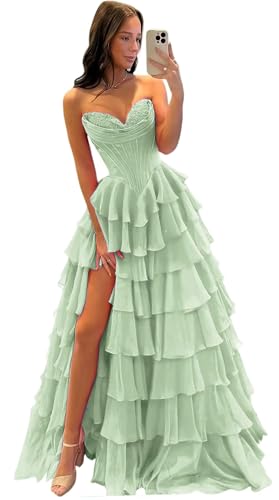 BABYONLINE D.R.E.S.S. Robe Soiree Princesse pour Jeune Fille Col V sans Bretelles A-Ligne en Mousseline de Soie à Volants Lacet Ajustable Vert Sauge XL