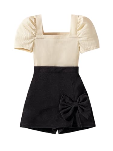 Hilinker Girl's 2 Piece Outfits Puff Sleeve Square Neck Top and Mini Skort Sets Beige Black 13-14 Year