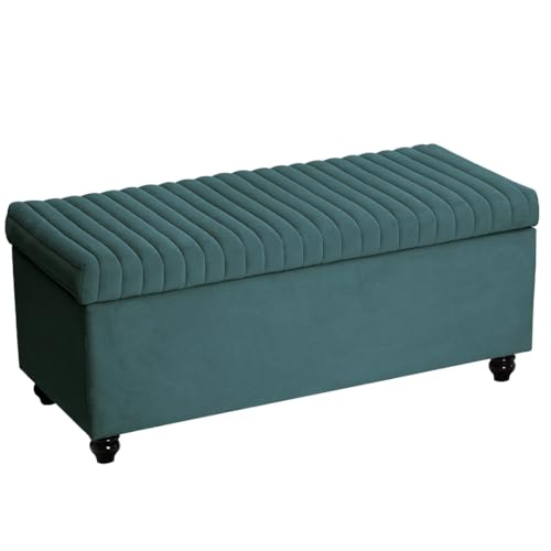 Image of 2 Seater Upholstered Ottoman Bench with Storage Settee Sofa Couch Button Tufted Pouffe for Living Room Bedroom Office (Osean Green)