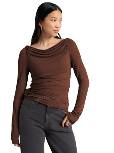 SIGHTBOMB Bare Shoulder Ruched Premium Butter Soft Feather Touch Microfiber Cuddle TEE Fullsleeve TOP for Women (in, Alpha, S, Regular, Brown (Chocolate))