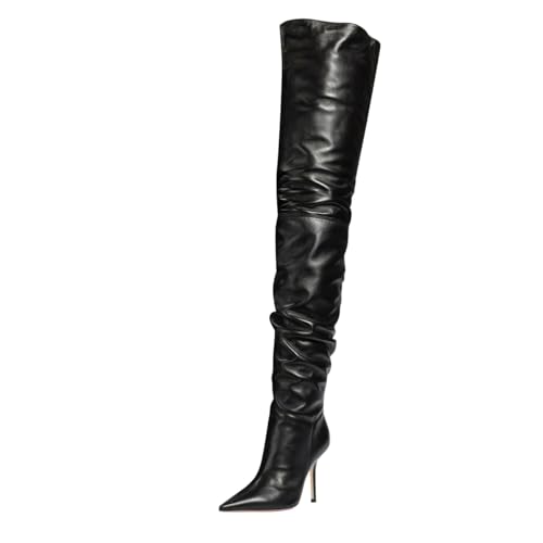 FOWT Women Stylish Stiletto High Heel Pointed Toe Stretchy Thigh High Boots Side Zipper Graceful Winter Fall Comfy Long Boots Size 4-16 US