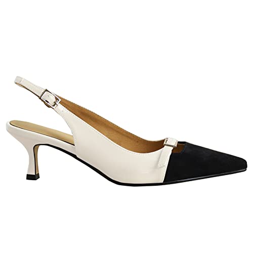 Lutalica W Women's Fashion Pointed Toe Patent Leather 2IN Buckled Strappy Two-Tone Low Kitten Heel Dress Slingback Pumps3
