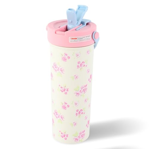 FYting Botella Agua Acero Inoxidable,600 ml Botella Agua Acero Inoxidable,Termo Agua Caliente,Sin Bpa, con Pajitas y Manijas, Para Hacer Té, Café,Té de Leche, Bebidas Carbonatadas(Rosas)