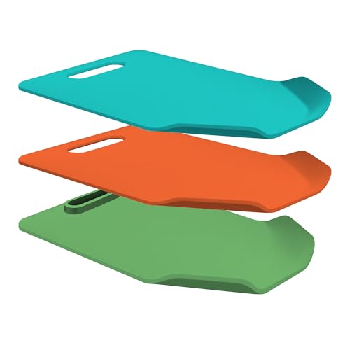 Image of IMUSA Cutting Board Set, 3-Pack 11.8 inchx7.4 inch, Nesting | Plastic, color-coded for meat and veggies to prevent cross-contamination, handles, curved edge for easy pour, dishwasher safe