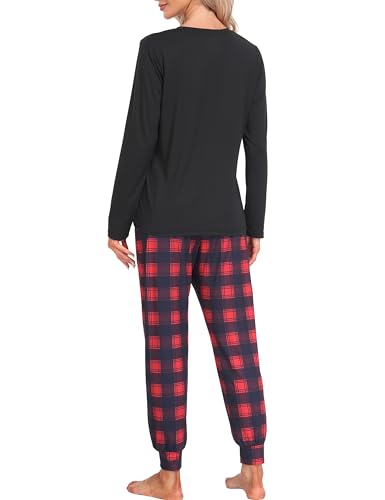 MoFiz Women's Long Sleeve Pajamas Sets with Plaid Pants Comfy Sleepwear Nightwear 2 Piece Pjs with Pockets4