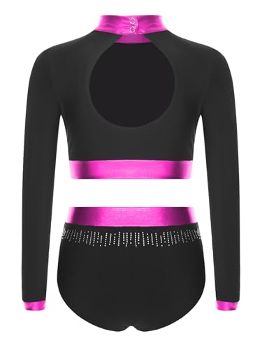Kids Girls 2 Piece Gymnastics Dance Outfit Sparkle Dancewear Long Sleeve Crop Tops with Briefs Set4
