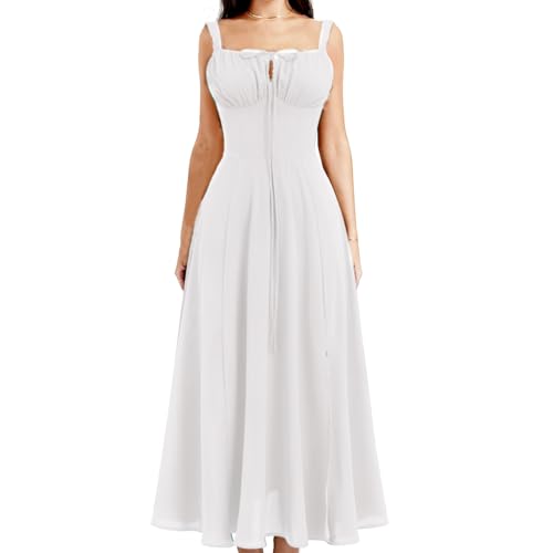 IBAKOM Femmes Robe d'été Spaghetti Bretelles Robe de Printemps Bohème Robe Avant Fourche Swing Midi Sun Jupe Fête Vacances Plage Robe Blanc L – vue 2