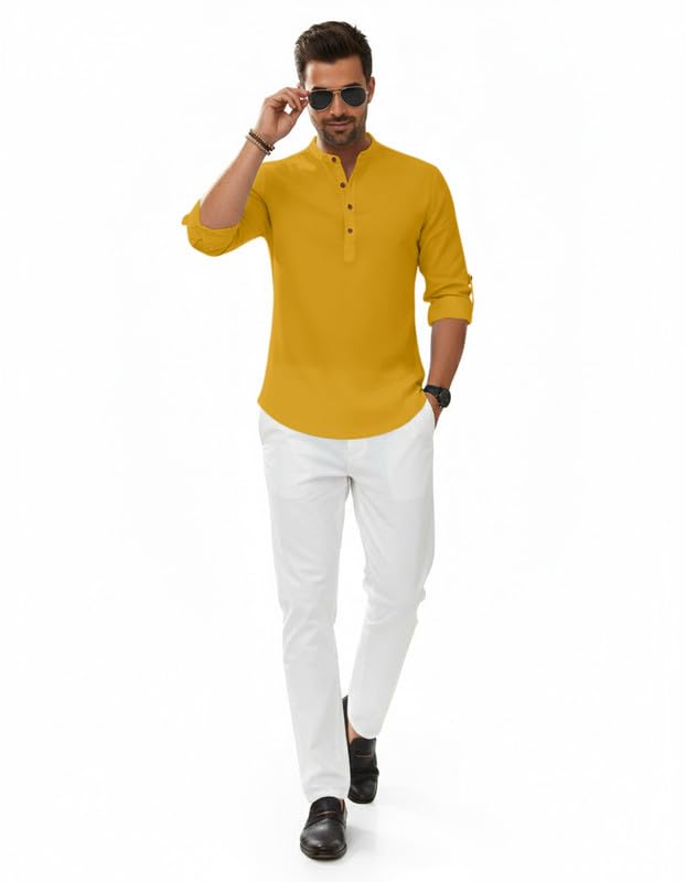 Image of Macsivo Men's Cotton Blend Solid Short Kurta with Regular Lenth Mandarin Neck Full Sleeves and roll-up tab| Kurta Style Shirt for Men
