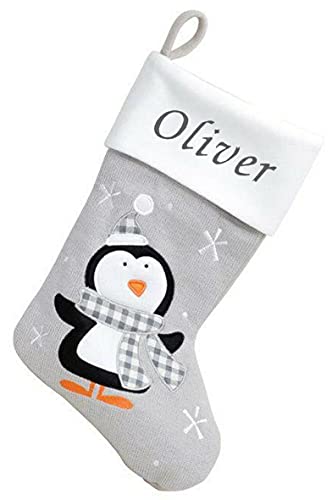 Kids Essentials Personalised Boys Girls Christmas Stocking Xmas Embroidered Novelty Stocking (Grey - Checked Penguin), 40cm x 25cm.