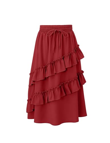 Image of Girls High Waisted Ruffle Maxi Skirt Soft Cotton Long Skirts with Elastic Waistband for Kid Girl 3-12 Years