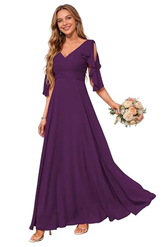Image of Women Bridesmaid Dresses with Sleeves for Wedding V Neck Chiffon Long A Line Pleated Formal Evening Gown