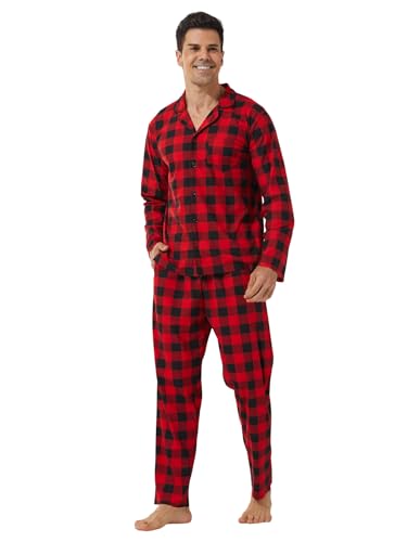 LANBAOSI Mens Pajama Set Button Down Long Sleeve Lounge Shirts Pants Sleepwear Soft Plaid Pjs Set with Pockets