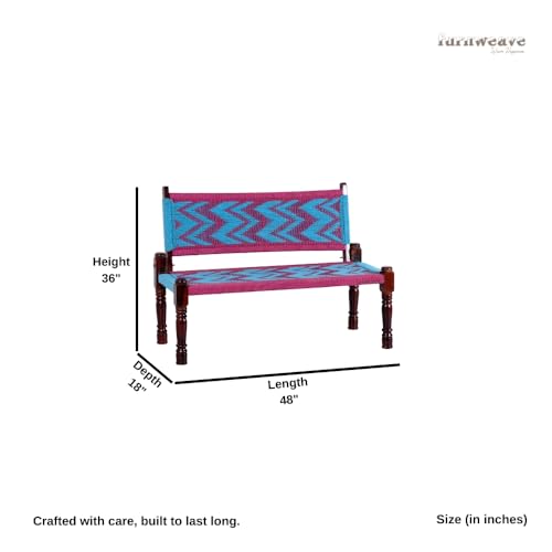 Image of Srima Wooden Bench for Living Room | Handcrafted Sheesham Wood Backrest Bench for Balcony & Garden | Traditional Rajasthani Patio for Outdoor with Cotton Handwoven Rope | Blue and Pink