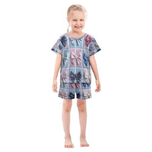 Pajama Sets Short Sleeve Bow Ties on Ceramic Tiles Soft Cotton Summer Sleepwear 2 Piece PJS Size 5-14T4