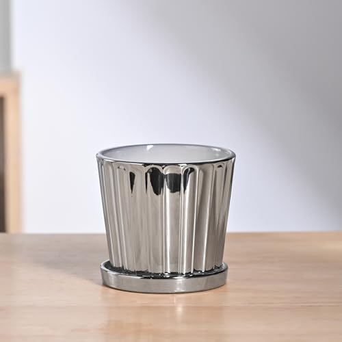 UGAOO Fluted Ceramic Pot - 5 Inch | Ceramic pots with Tray for Indoor Plants | Ceramic Flower Pot for Living Room | Ceramic planters for Home Decor (Silver)