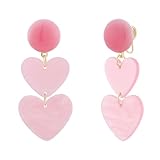 Clip On Triple Pink Heart Love Fake Stud Earrings for Women No Piercings Ear Fashion Cute 14K Gold Plated Acrylic Long Dangle Drop Lightweight Jewelry