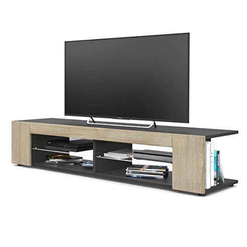 Vladon Buffet Bas Movie, Meuble TV avec 4 Compartiments Ouverts et placages décoratifs, Noir Mat/Chêne Brut (134 x 29 x 39 cm)