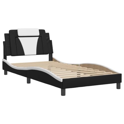vidaXL Bettgestell, Bett Viana mit LED ohne Matratze, Bettrahmen mit Lattenrost Wellenform, Einzelbett für Schlafzimmer, Schwarz Weiß 100x200cm Kunstleder vidaXL Bettgestell, Bett Viana mit LED ohne Matratze, Bettrahmen mit Lattenrost Wellenform, Einzelbett für Schlafzimmer, Schwarz Weiß 100x200cm Kunstleder