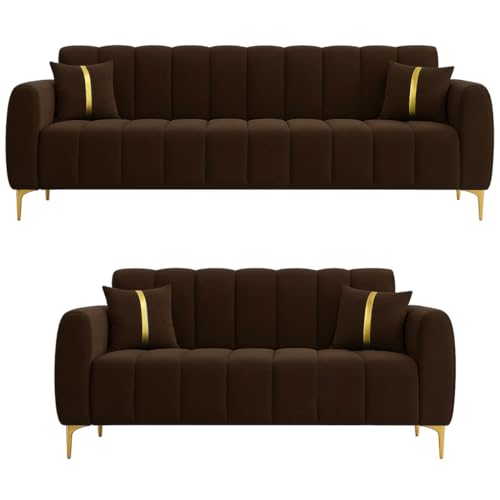 Image of FURNY Harmony 5 Seater Velvet Fabric 3+2 Sofa Set (Brown) with Golden Finish Legs | Durable & Comfortable | Ideal for Living Room