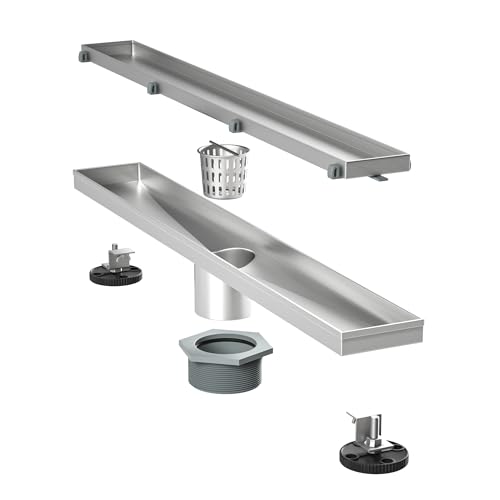 Image of Linear Shower Drain 36 inch Brushed 304 Stainless Steel | Fast Drainage | Tile Inserted | Stainless Floor Drain Grate | Hair Strainer | Drain Key | The Upgrade for Your Bathroom