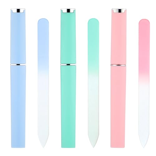 3 Stück Glasnagelfeilen für Frauen Glasfeile für Nägel Glasnagelfeile mit Etui Nagelfeilen Naturnägel Doppelseitige Kristallnagelfeilen für Naturnägel (Pink+Blau+Grün)