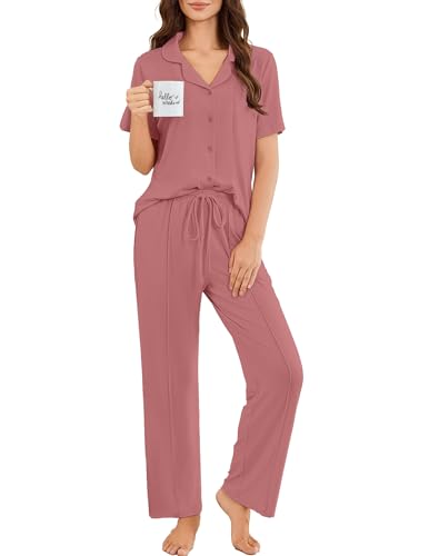 Image of Ekouaer Pajamas for Women Set Button Up Short Sleeve Pjs Sets With Pockets | Soft Womens Sleepwear,V Neck,Notch Collar,2 Piece Classic Loungewear With Long Pant for Sleep,Lounge,Fall