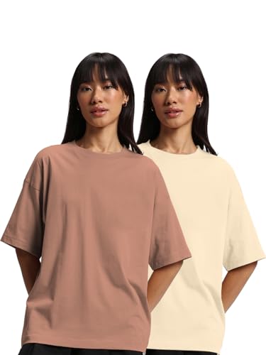 Image of JUNEBERRY Pure Cotton Drop Shoulder Oversized Baggy Fit Half Sleeve Plain Solid Round Neck Multicolor T-Shirt for Women & Girls (Pack of 2) (Sizes S-2XL)
