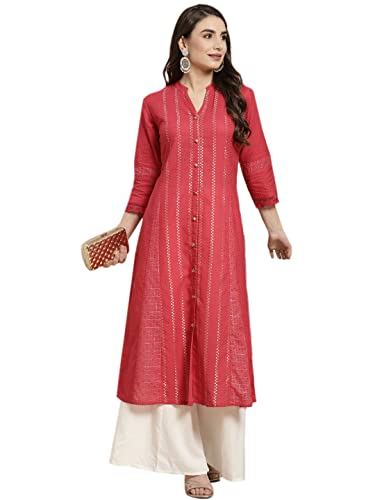 Image of Juniper Red Cotton Dobby Printed A-Line Kurta with Mask