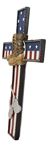 Ebros Gift Rustic Western Usa American Flag Military Fallen Soldier With Tactical Boots And Dog Tags Memorial Wall Cross Decor Plaque Vintage Design Hanging Sculpture 11.75 Inch H Decorative Crosses thumb #2