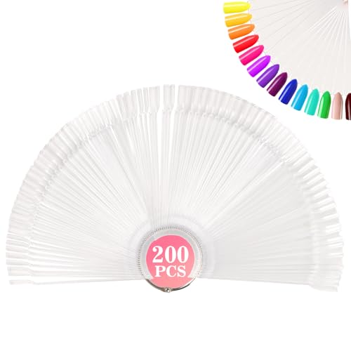 RAQEHO 200PCS Nail Swatch Sticks - Clear Nail Color Swatches with Ring Acrylic Fan Shape Nail Polish Sample Swatches Nail Practice Stick Gel Polish Display Stick for Technician Beginner Home Salon Use