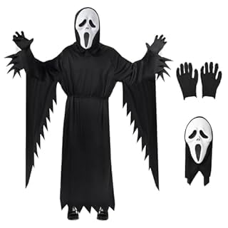 shengo Scream Ghost Face Costume, Adult Halloween Horror Fancy Dress Outfit with Mask & Gloves, Scary Black Hooded Robe (M)