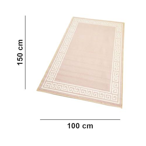 Image of Matz&More Greek Single Line Rug | 100x150 CM | Beige White | Soft Nylon Loop Pile with Anti-Slip Gel Backing | Living Room, Bedroom & Office Floor Carpet