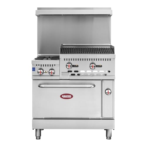 Image of Kratos 36 inch Wide Commercial Gas Range with 24 inch Charbroiler, 2 Burners, and Full Size Oven, 154,000 BTU Output, Freestanding Range for Restaurants, Liquid Propane