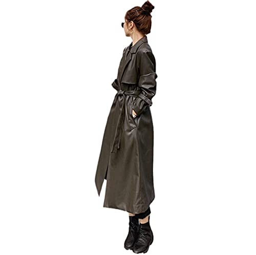 Trench coat en cuir imperméable pour femmes veste longue en similicuir souple avec écharpe