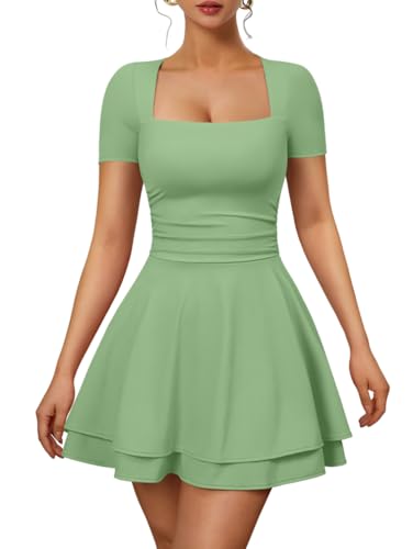 Image of XXTAXN Women's Sexy Square Neck Short Sleeve Ruched Tiered Ruffle Hem Flowy Club Party Mini Dress