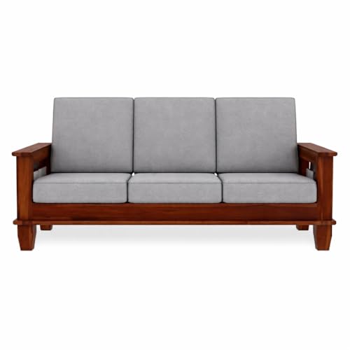 Image of Solid Sheesham Wood 3 Seater Sofa for Living Room | Couch Sofa for Living Room | Sofa Set Furniture for Home| Settee 3 Seater - Grey
