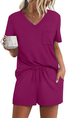 Image of RUBZOOF Women's Short Sleeve Pajama Sets with Pockets Casual V Neck 2 Piece Lounge Sets S-3XL