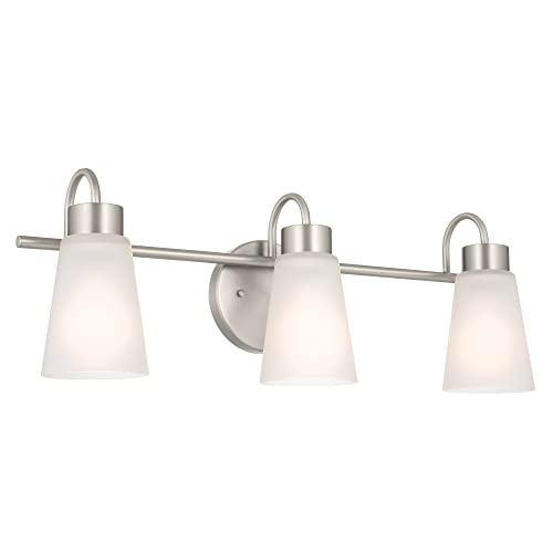 Image of Kichler Erma 3-Light Bathroom Vanity Light Fixture with Satin Etched Glass Shades, Updated Traditional Wall Lighting in Brushed Nickel for Mirror, (23 inch x 8.5 inch x 6 inch), 55126NI