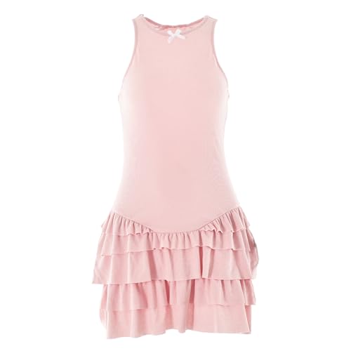Image of Women's Summer Frill Rank Dress Sleeveless Bodycon Tiered Ruched Dress Skim Hem Dress Pink
