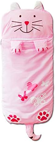 Wilonsa Sleeping Bag for Kids Happy Cat Surprise Animal Cotton Slumber Bags with Pillow 55"x23" Warm for Daycare Preschool Kindergarten All Season Sleepy Bag - Pink Cat