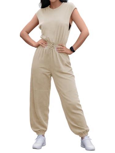 Outfeel Women's Casual Jumpsuit Crewneck Cap Sleeve One Piece Outfits Open Back Button Drawstring Jogger Romper with Pockets Oatmeal Small