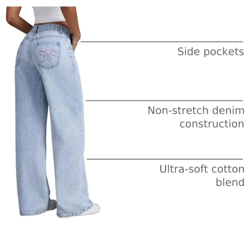 Image of Jeans for Girls Baggy Wide Leg Cute Bow High Elastic Waisted Denim Pants Y2K Boyfriend Skater Streetwear 7-14Y