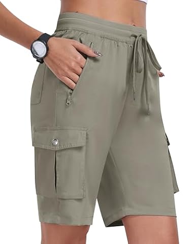 MoFiz Szorty damskie, krótkie spodenki na lato, spodenki cargo, spodnie trekkingowe, krótkie, lekkie, oddychające, sportowe szorty z 6 kieszeniami, szary khaki, M