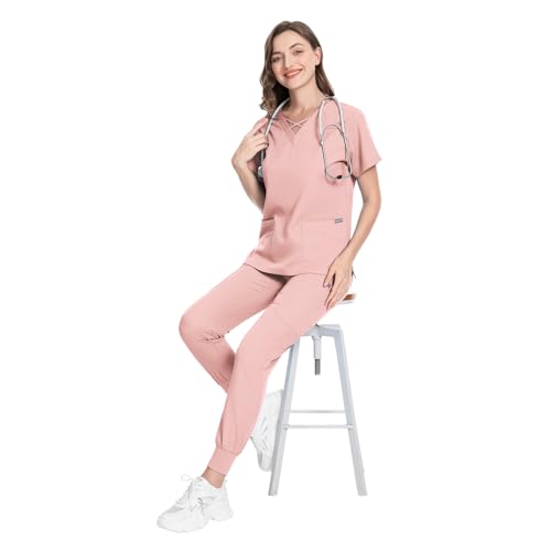 Image of VIAOLI Scrubs for Women Set Modern V-Neck Top & 8 Pocket Jogger Pants Nursing Uniform Solid Stretch Workwear