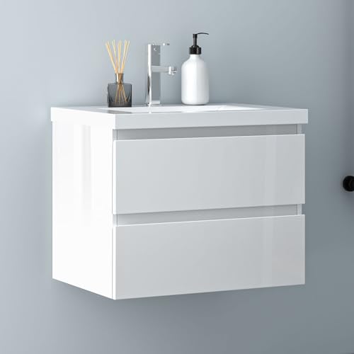 Biubiubath Badezimmermöbel 60cm Mineralguss Waschtisch mit Unterschrank Badmöbel Set Badezimmerschränke mit 2 Soft-Close Schubladen Hochglanz Weiß