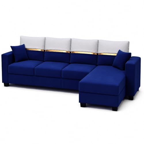 Image of Furny Arvea 8 Seater Fabric RHS L Shape Sofa Set with 1 Centre Table & 2 Puffy (Blue) | Soft Velvet Fabric | Modern Design | Comfortable Seating | Living Room Furniture