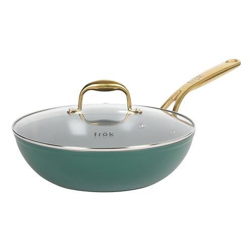 Image of frök All-In-One Platinum Non-Stick Fry Pan Skillet Meets Wok with Lid, 11-Inch, Green & Gold