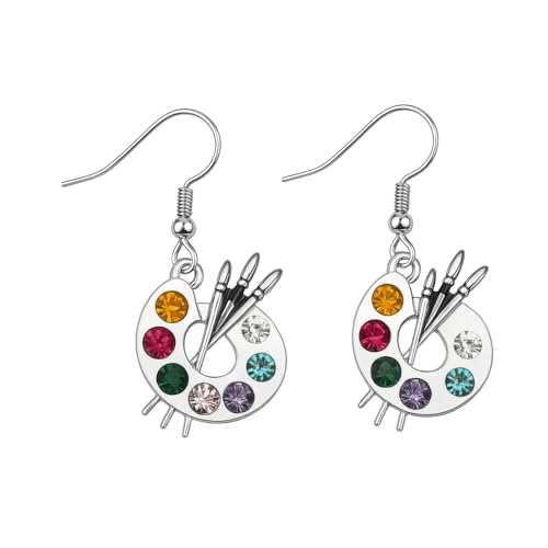 Paint Brush And Colorful Paint Palette Charm Earrings, Artist Painter Jewelry, Gift